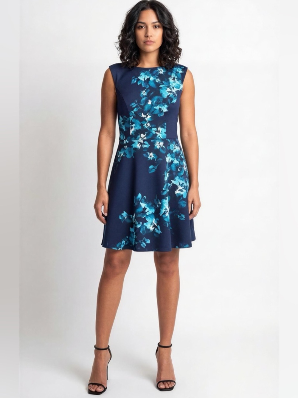 Wisp Sleeveless Navy Floral Midi Dress with Teal Accents Size 8